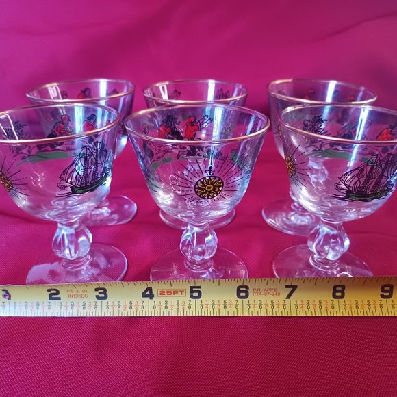 Midcentury Vintage Set of 6 Libbey Treasure Island Motif Pedestal Glasses - Picture 9 of 12